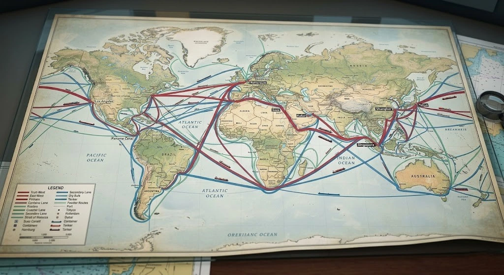 world map with shipping routes